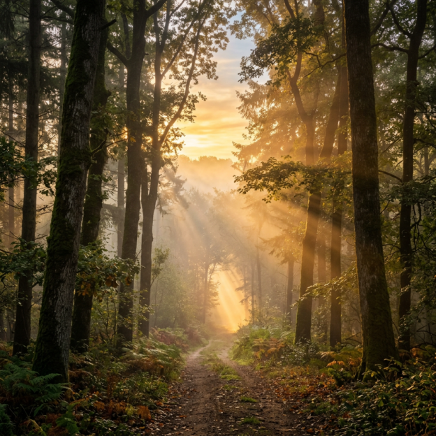 Sunlight shining through trees onto a dirt path in a forest
